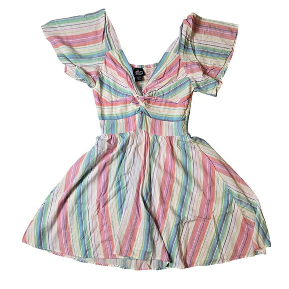 Angie Rainbow Twisted Knot Bust mini dress in a size Large - Picture 1 of 8